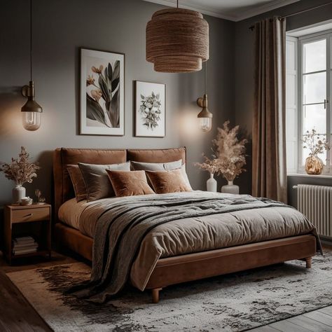 Grey Brown Color Palette Bedroom, Brown Bed Decor Ideas, Bedroom With Brown Bed Frame, Grey And Caramel Bedroom, Masculine Earth Tone Bedroom, Brown Grey Black Bedroom, Brown And Grey Decor, Beige And Wood Bedroom Ideas, Gray Brown Bedroom Ideas