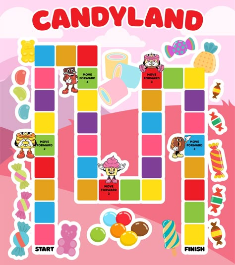 Diy Candy Land Game Board, Candyland Preschool Activities, Candy Land Board Game Template, Candy Land Theme Games, Candyland Board Game Printable, Candyland Activities, Paper Board Games, Candyland Sign, Level Up Theme