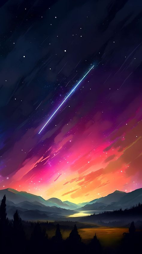 Falling Star Watercolor Night Sky Colorful Oil Painting Sunset Night Sky Painting, Falling Star Illustration, Falling Star Drawing, Paintings Of Stars, Starlight Painting, Stars Falling From The Sky, Starry Sky Painting, Star Watercolor, Brick Painting