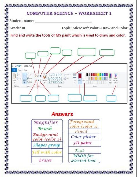 Computer Worksheet, Computer Lab Decor, Class Worksheets, Worksheet For Class 2, Teaching Computers, Computer Lessons, Worksheets For Grade 3, Microsoft Paint, Learn Computer Coding