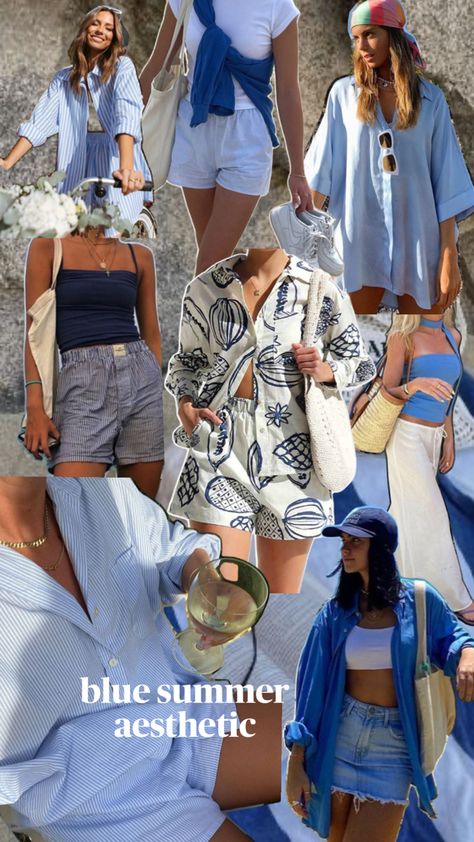 Last Toast On The Coast Bachelorette Outfit, Something Blue Bachelorette Outfit, Blue Outfit Collage, Last Toast On The Coast Outfits, Coastal Bachelorette Outfit, Something Blue Bachelorette Party Outfit, Group Outfit Ideas, Andrea Core, Coastal Cowboy