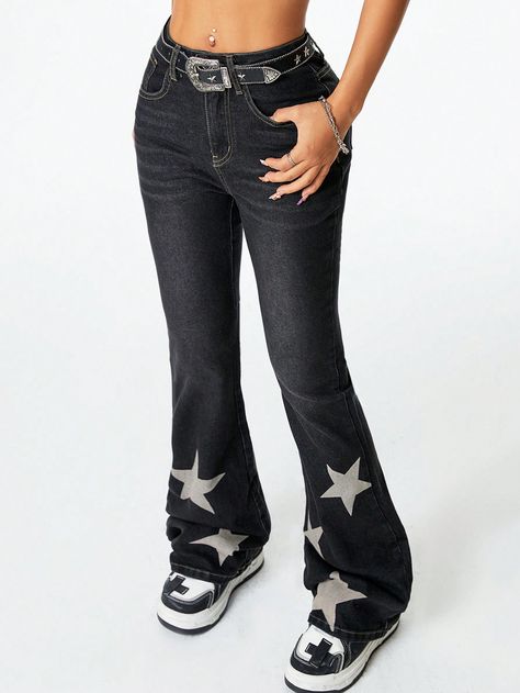 Black Casual Collar  Denim Geometric Straight Leg Embellished Slight Stretch  Women Clothing Jeans With Star, Vintage Flare Jeans, Womens Flare Jeans, Cropped Leather Jacket, Vintage Flare, Denim Pants Women, Women Denim Jeans, Casual Denim, Black Casual