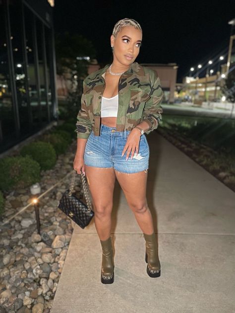 Camo Purse Outfit, Camo Cropped Jacket Outfit, Fun Date Night Outfits Summer, Camo Inspired Outfits, Army Fatigue Skirt Outfit Black Women, Denim And Camouflage Outfit, Army Fatigue Skirt Outfit, Camo Boots Outfit, Camo Shorts Outfit Black Women