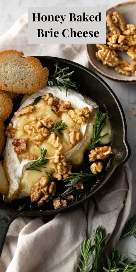 Baked Brie Honey Rosemary, Baked Brie Recipes With Dates, Baked Brie Apples Honey, Easter Brie Recipes, Easter Baked Brie, Brie Honey Walnut, Honey Walnut Brie, Baked Brie Rosemary, Honey Brie Bake