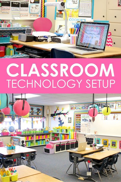 Classroom technology doesn't have to be ugly! Check out this kindergarten Teacher's Technology Station in her classroom. Technology Center Classroom, Technology In Kindergarten Classroom, Ict Classroom Setup, Classroom Smartboard Setup, Technology Classroom Ideas, Smart Board Classroom Set Up, Classroom Technology Ideas, Classroom Computer Station, Technology In Classroom