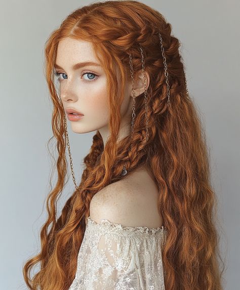 Boho Ginger Chain Loop Braids 🌿🌼 Dark Fantasy Hairstyles, Ethereal Aesthetic Hair, Bridgestone Hairstyles, Pale Ginger Hair, Braid Over Shoulder, Red Haired Girl Aesthetic, Noble Hairstyles, Red Hair Styles Hairstyles, Elves Hairstyle