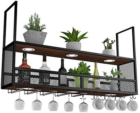 Wall Mounted Wine Rack with Glass Holder (with Spotlights) | Ceiling Hanging Wine Holder Metal Wooden | Wine Bottle Holder | Suspended Wine Glass Holder (Black): Amazon.com.au: Home Wine Rack With Glass Holder, Wooden Wine Bottle Holder, Spotlights Ceiling, Hanging Wine Glass Rack, Porte In Ferro, Mounted Wine Rack, Vintage Wine Bottle, Ceiling Shelves, Hanging Wine Rack