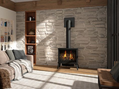 Lakefield XL Direct Vent Freestanding Gas Fireplace Stove | Kozy Heat Behind Wood Stove Ideas, Freestanding Gas Fireplace, Wood Stove Ideas, Gas Stove Fireplace, Fireplace Stove, Direct Vent Gas Fireplace, Freestanding Stove, Gas Fireplace Insert, Brick Masonry