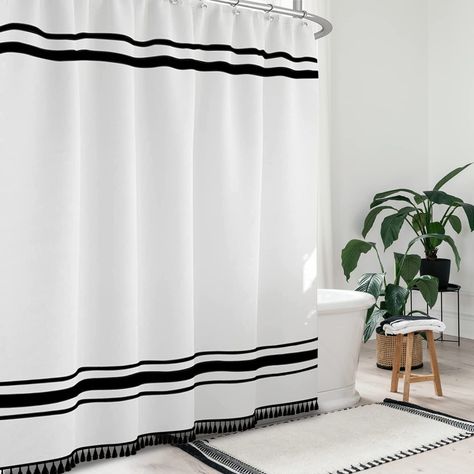 PRICES MAY VARY. BLACK and WHITE SHOWER CURTAIN【Size & Material】 100% knitted fabric for a softer feel and a waterproof coating on the inside, so you can enjoy your bath without worrying about it clinging to your skin. 72x84 (width and height) is the standard size and takes care of every corner. The top metal ring is reinforced so you don't have to worry about it falling off, and we have 12 plastic hooks for you to use in case you need them. 84 SHOWER CURTAIN【Design】 The classic black and white Black White Shower Curtain, Striped Shower Curtain, Black And White Shower Curtain, Bathroom Window Curtains, Extra Long Shower Curtain, Farmhouse Shower Curtain, Long Shower Curtains, Black Shower Curtains, Farmhouse Shower