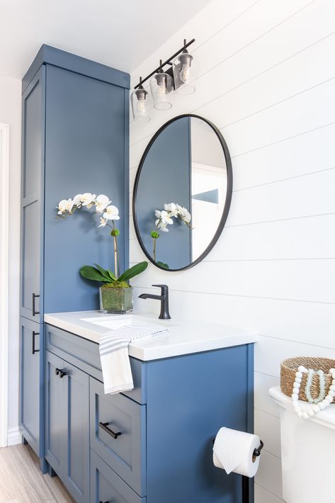 Before and After: Coastal Farmhouse Bathroom Remodel - Nestorations Bathroom With Floor To Ceiling Cabinet, Bathroom Panel Wall Ideas, Coastal Bathroom Decorating Ideas, Modern Coastal Guest Bathroom, Bathroom Cabinetry Ideas, Bathroom Floor To Ceiling Cabinet, Floor To Ceiling Cabinets Bathroom, Floor To Ceiling Bathroom Cabinets, Bathroom Vanity Coastal