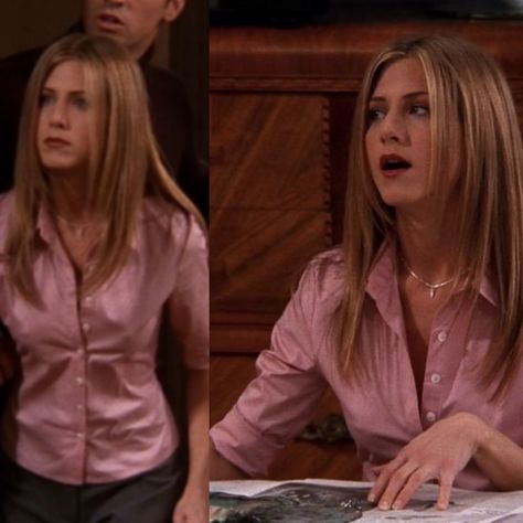 Rachel Green Workwear, Rachel Green Office Look, Rachel Green Pink Shirt, Rachel Green Most Iconic Outfits, Rachel Green Yellow Top, Ann Core, Rachel Outfits, Corporate Core, Friends Fits