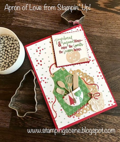 christmas card craft baking stampin up dies stamps apron of love Handmade Cards Cooking Theme, Baking Themed Christmas Cards, Apron Of Love Stampin Up Cards, Stampin Up Dies, Apron Cards, Cooking Theme, Baking Theme, Christmas Challenge, Scrapbook Tutorial