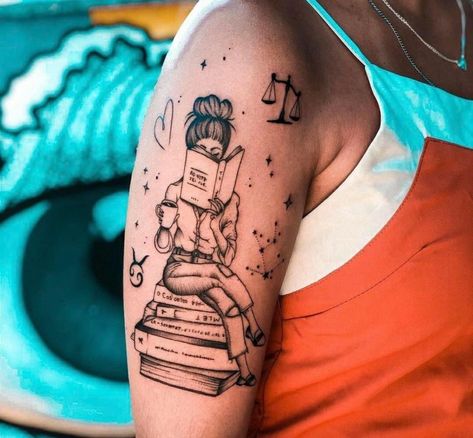 Reading Lover Tattoo, Woman Reading Tattoo, Girl Reading Book Tattoo, Girl Reading Tattoo, Book And Coffee Tattoo, Booklover Tattoo, Bookworm Tattoo, Reader Tattoo, Tattoos Zodiac