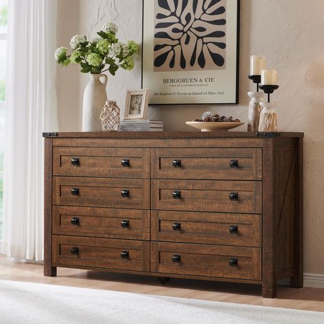 PRICES MAY VARY. Farmhouse 8-Drawer Dresser: Natural and warm antique finishes may display natural weathering, unique cracks, splits, or other organic features, giving every piece a unique look, and adding a touch of a homey and rustic farmhouse aesthetic to your space while a fluent linear border on the drawer faces, hand-rubbed burnished hardware, and a classic barn sign on the side provide sophisticated architectural detailing. You’ll love living with them for years to come! Lots of Storage S Boho Bedroom Dresser Decor, Double Dresser In Bedroom, Vintage Dresser Decor, Tv Stand Dresser, Drawers For Closet, Dresser Natural, Closet Living Room, Dresser Tv, Dresser Decor Bedroom