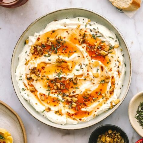 Quick Whipped Ricotta Dip with Hot Honey Appetizer - Cooking in my Genes Whipped Ricotta Dip With Hot Honey, Hot Honey Whipped Feta Dip, Ricotta Hot Honey Dip, Healthy Hot Dips, Whipped Ricotta Hot Honey, Hot Honey Appetizers, Ricotta Hot Honey, Holiday Appies, Hot Honey Dip