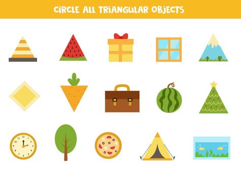 Find all triangular objects. Educational worksheet for children. Triangle Objects, Paper Bag Crafts, Educational Games For Kids, Educational Worksheets, Game For Kids, Basic Shapes, Educational Games, Games For Kids, Premium Vector