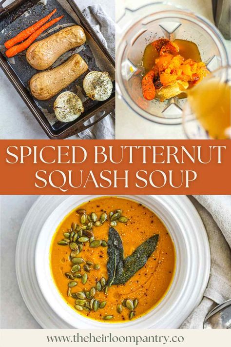 Spiced Vegan Butternut Squash Soup (Vitamix) Butternut Squash Soup Vitamix, Vegan Squash Soup, Butternut Squash Soup Creamy, Butternut Squash Roasted, Spiced Butternut Squash, Butternut Squash Vegan, Squash Roasted, Fried Sage, Vegan Butternut Squash Soup