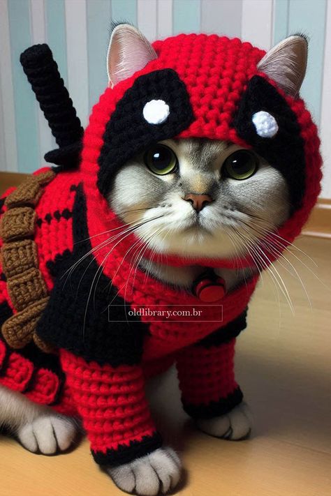 Crochet a Deadpool-inspired costume for your cat. This playful and detailed outfit is perfect for adding some superhero flair to your feline friend! Crochet Cat Costume, Crochet Superhero, Deadpool Outfit, Cat Costume Diy, Costume Crochet, Spiderman Costume, Cat Costume, Cat Woman Costume, Crochet Creations