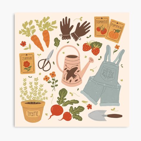 "Gardening Things" Throw Pillow by ohjessmarie | Redbubble Seed Packet Illustration, Overalls Garden, Watering Can Illustration, Gardener Illustration, Garden Illustration, Art Hobbies, Seed Packets, Plant Illustration, Creative Drawing