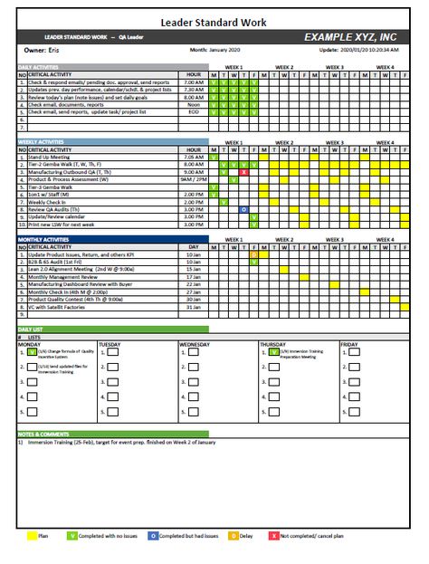 Leader Standard Work Template: A Tool of Nichijo Kanri – Blog Eris Leader Standard Work, Leader Standard Work Template, Standard Work Template, Business Strategy Management, Good Leadership Skills, Business Process Management, Work Goals, Templates Business, Leadership Management