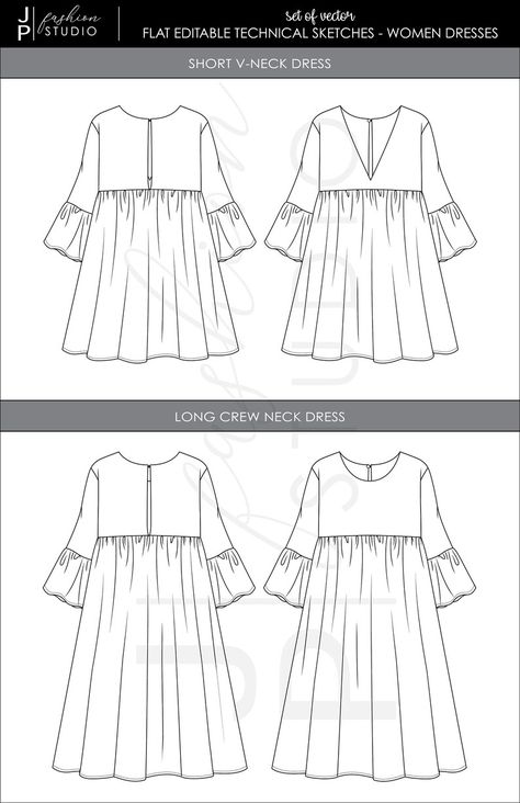 Set of Women / Girls Dresses 2 styles Vector Fashion Flat | Etsy Kaftan Technical Drawing, Dress Flat Sketch, Illustration Poses, Pencil Carving, Dress Vector, Fashion Illustration Poses, Fashion Design Classes, Floral Print Gowns, Ethnic Wear Indian