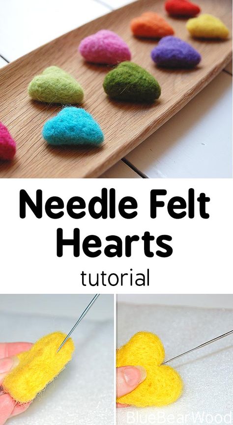 How To Make Cute And Colourful Needle Felt Hearts Needle Felting Garland, Needle Felted Hearts, Felt Hearts Diy, Felt Ball Crafts, Felted Hearts, Tovad Ull, Craft To Make, Needle Felting Tutorial, Needle Felting Diy