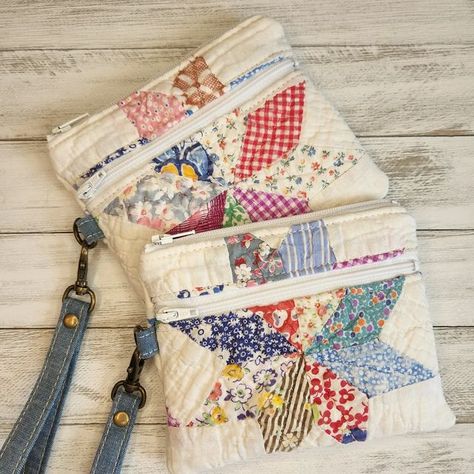 Things To Make With Old Quilts, What To Do With Old Quilts, Quilted Baskets, Quilted Pouches, Repurposed Quilts, Repurposed Quilt, Quilt Bags, Quilt Crafts, Textile Art Embroidery