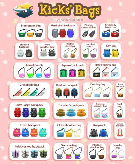 2,977 Likes, 74 Comments - Hana (@hannahs.horizons) on Instagram: “🌸All of the bags you can purchase from Kick's store!🌸⠀ I'm still working on making graphics for the…” How To Make Clothes In Animal Crossing, Acnh Tune Ideas, Animal Crossing Items, Acnh Guide, Acnh Tips, Acnh Items, Square Backpack, Animal Crossing Funny, Animal Crossing Fan Art