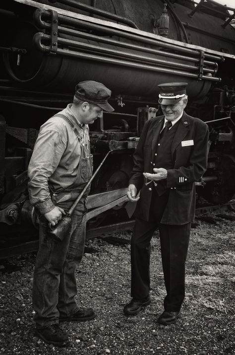 Engineer and Conductor checking their departure time Train Story, Railway Photography, Road Workers, Chattanooga Choo Choo, Ghost Train, Short Lines, Train Engineer, Train Conductor, Cherry Orchard