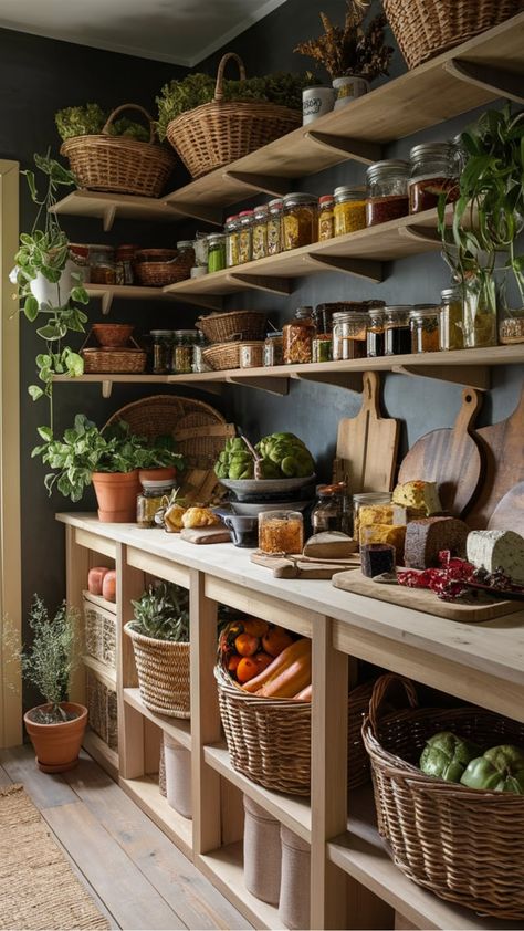 British Countryside storage room Pantry Wooden Shelves, Cottage Pantry, Basket On Wall, Modern English Cottage, English Cottage Kitchens, Vintage Pantry, British Country Style, Countryside Decor, Pantry Inspiration