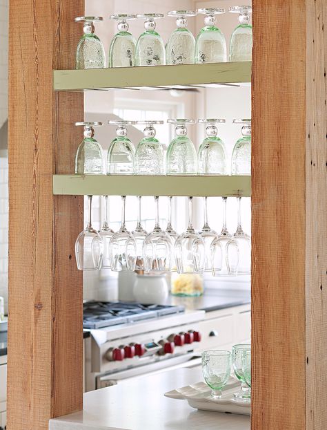 Storing Dishes, Hutch Display, Island Storage, Moms Kitchen, Glass Shelves Kitchen, Stemware Storage, Bar Display, Kitchen Storage Space, Dish Storage