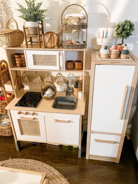 Playroom Next To Kitchen, Play Kitchen Decor Ideas, Boho Play Kitchen, Montesorri Kitchen, Diy Ikea Kitchen Kids, Kids Ikea Kitchen Makeover, Ikea Toddler Kitchen, Ikea Kids Kitchen Makeover, Ikea Kitchen Kids