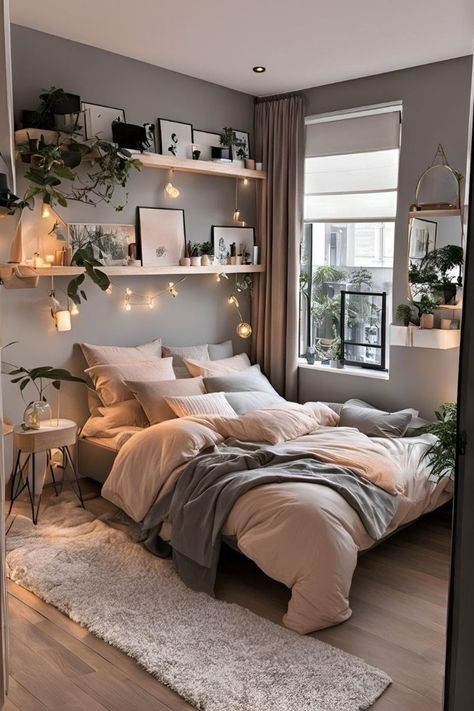 Transform your space with a bedroom refresh. Discover ideas and tips for updating decor, improving comfort, and creating a serene, stylish retreat Small Bedroom Inspirations Cozy Relaxing, Rustic Small Bedroom, Grey Cozy Bedroom, Grey Wall Bedroom Ideas, Small Bedroom Inspo Aesthetic, Warm Grey Bedroom, Bedroom Shiplap, Warm Bedroom Aesthetic, Cozy Grey Bedroom