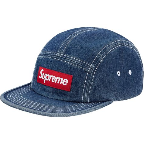 SUPREME CONTRAST STITCH CAMP CAP (SS18) DENIM. #supreme Duck Merch, Denim Outfit Men, Denim Cap, 5 Panel Hat, Different Hats, Bedroom Setup, Vintage Cap, Hot Sneakers, Trim Color