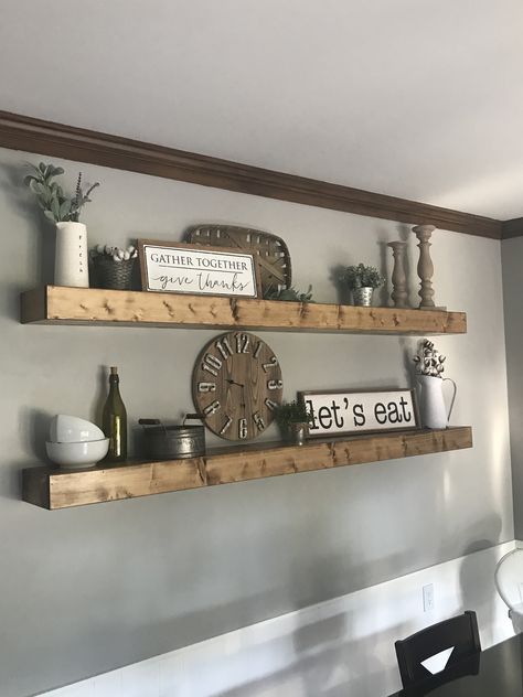 Floating Wood Shelves Dining Room, Modern Farmhouse Dining Room Floating Shelves, Rustic Living Room Shelves, Floating Long Shelves, Long Floating Shelves Dining Room, Big Floating Shelves, Large Shelves Living Room, Shelves Above Dining Table, Floating Shelves Above Tub