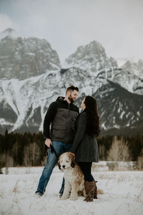 Canmore Engagement Photos at Quarry Lake Park with their dog.   #canmore #canmoreengagement #engagementphotoideas Military Engagement Photos, Quarry Lake, Gus Gus, Engagement Photos Country, Outdoor Elopement, Mountain Engagement Photos, Engagement Stories, Country Engagement, Winter Engagement Photos