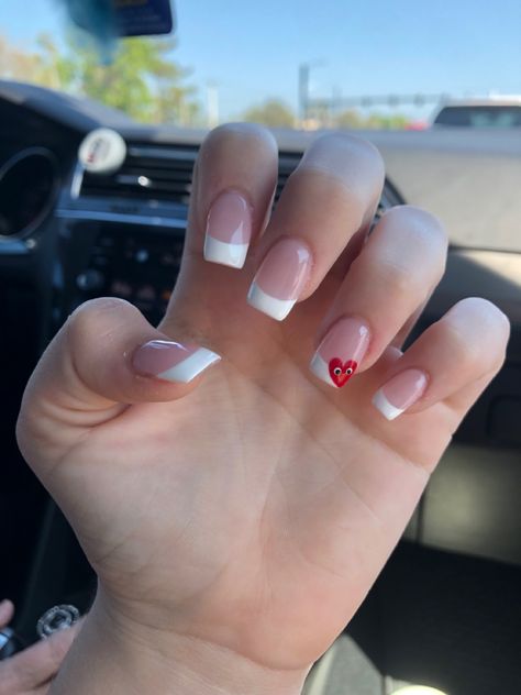 Heart Face Nails, Red Nails With A White Heart, French Tips With Evil Eye, White French Tops With Heart, Comme Des Garcons Nails French Tip, French Tip Comme Des Garcons Nails, Simple Nails French Tip, Acrylic Nails Evil Eye, Red Nails W White Heart