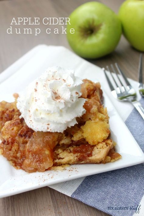 Apple Cider Dump Cake | Six Sisters' Stuff Make this delicious, easy dump cake for a yummy, warm fall dessert. #dumpcake #applecider #falldessert #sixsistersrecipes Dutch Apple Pie Recipe, Peach Cobbler Dump Cake, Apple Dump Cake, Pumpkin Pie Cake, Cake Mix Desserts, Six Sisters Stuff, Six Sisters, Cherry Cake, Apple Cake Recipes