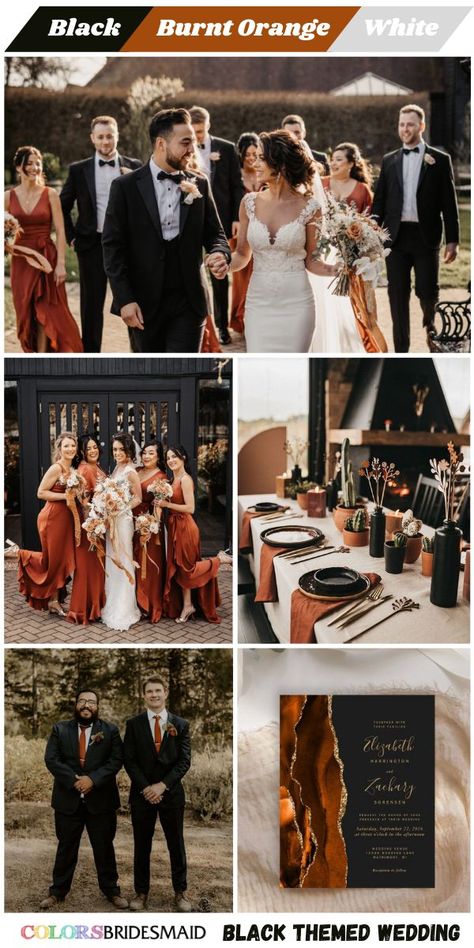 Wedding Color Themes, Black Groomsmen Suits, Orange Wedding Color Palette, Vintage Wedding Colors, Boho Wedding Colors, Orange Wedding Themes, Burnt Orange Bridesmaid Dresses, Orange Wedding Colors, Rusting Wedding