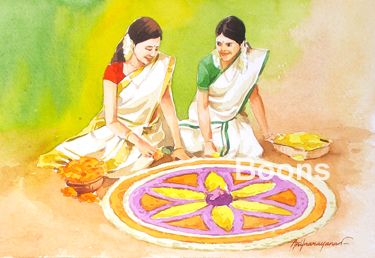 Onam festival of Kerala. Water color by Anil narayanan. His more kerala paintings www.anilnarayanan.blogspot.com Onam Festival Watercolor Painting, Pictures Related To Onam, Maveli Onam Pencil Drawing, Onam Drawing Competition, Onam Festival Painting, Onam Illustration Art, Onam Drawing Ideas, Festival Composition Painting, Onam Kerala Illustration