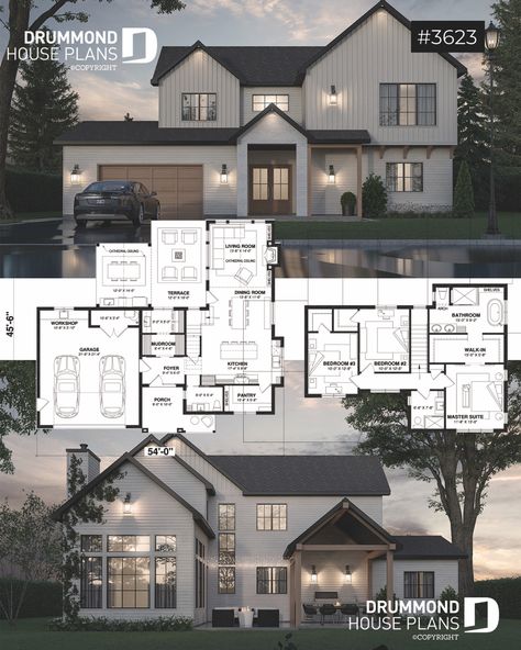 House plan 3 bedrooms, 2.5 bathrooms, garage, 3623 | Drummond House Plans House Ideas With Garage, 4 Bedroom 2 Storey House Plans, Modern 5 Bedroom House Floor Plan, Dream Home Design Floor Plans, House Layout Ideas 2 Story, Modern House Floor Plans 2 Story, House Floor Plans One Level, Floor Plan 5 Bedroom, Blue Prints House