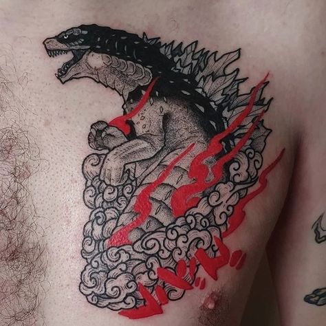 Godzilla Tattoo Ideas, Godzilla In Japanese, Godzilla Tattoo Design, Godzilla Tattoo, Water Lily Tattoos, Legendary Monsters, Clever Tattoos, London Tattoo, Japanese Pop Culture