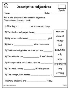 Descriptive Adjectives worksheets 100 questions. Fill in the blank with the correct adjective choosing from a word bank. 10 worksheets, 100 questions/sentences, to be used on multiple days. Answer key and study guide included. Fill In The Blanks With Adjectives, Descriptive Adjectives Worksheets, Worksheets On Adjectives, Fill In The Blanks Worksheets, Description Words, Descriptive Adjectives, First Grade Homework, Adjectives Worksheet, Resource Teacher