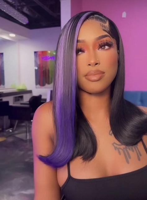 Purple Highlights Frontal Wig, Black Wig With Streaks, Straight Wig Hairstyles Black Women Color, Concert Wig Styles, Purple Ombre Hair Black Women, Purple Ombre Wig Black Women, Purple And Black Lace Front Wig, Black And Purple Quick Weave, Colored Layered Wig Black Women