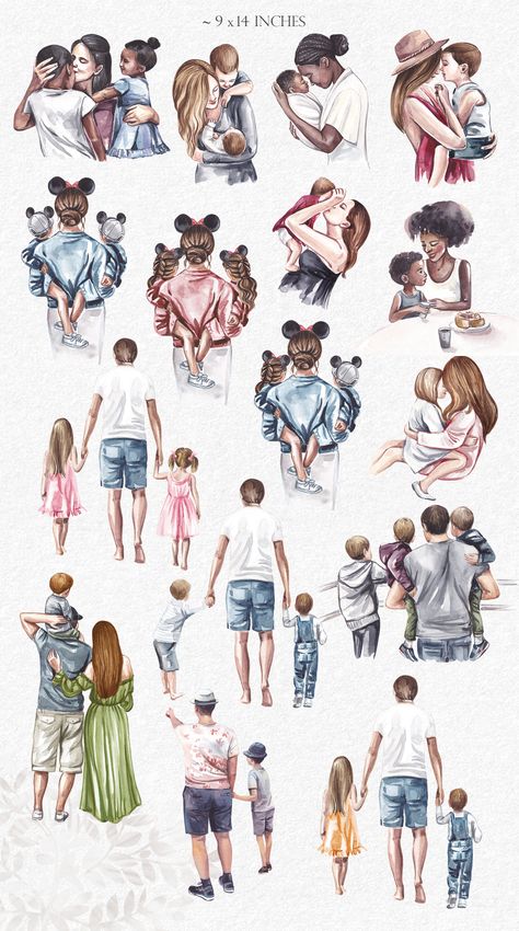 Family Watercolor Illustration, Family Love Illustration, Father's Day Drawings, Father's Day Illustration, Family Watercolor, Cartoon Grandma, Family Sketch, People Drawings, Mom Clipart