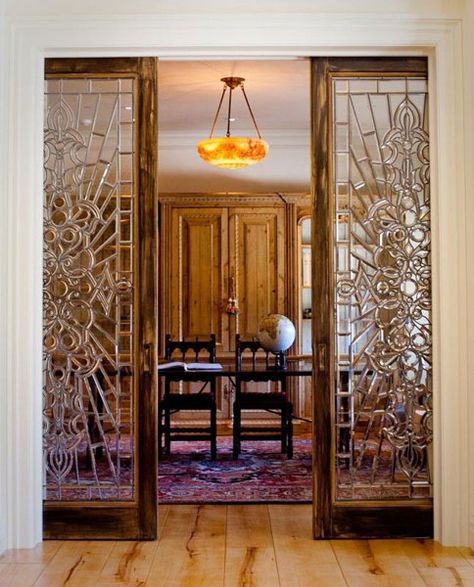 Sliding Stained Glass Doors Stained Glass Pocket Doors, Stained Glass French Doors, Stained Glass Doors Entrance, Stained Glass Doors Interior, Glass Pocket Doors Interior, Beveled Glass Front Door, House Entrance Doors, Glass Pocket Door, Stained Glass Doors