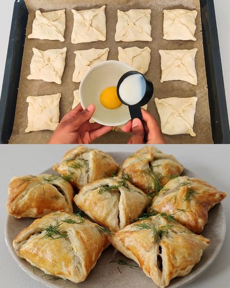 Chicken and Mushroom Puff Pastry Pies Chicken Mushroom Puff Pastry, Chicken Phyllo Recipes, Chicken In Puff Pastry Recipes, Mushroom Puff Pastry Recipes, Chicken Puff Pastry Recipes, Chicken In Puff Pastry, Mushroom Puffs, Chicken Phyllo, Puff Pastry Pies