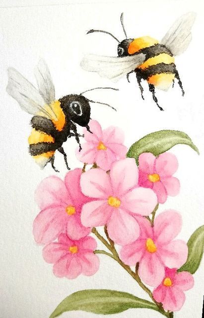 Flower With Bee Painting, Spring Drawings Ideas Art Flowers, Flowers Spring Drawing, Flowers With Bees Drawing, Flower With Bee Drawing, Honey Bee Art Painting, How To Draw Honey Bee, Bee On A Flower Painting, Bee Flower Painting