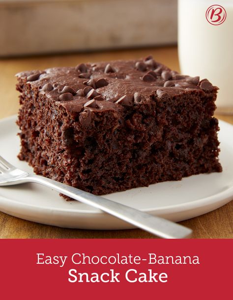 Snack cake has never tasted so good. This easy (no mixer needed!), chocolaty cake is a genius new go-to anytime you have ripe bananas on hand. If you have 10 minutes, you have time to prep this simple recipe, made easy with the help of cake mix and Greek yogurt. For the best flavor, use bananas that have lots of brown specks on the skin and are slightly soft. Chocolate Cake Mix With Bananas, Cake Mix And Greek Yogurt, Chocolate Banana Snack Cake, Baked Slices, Banana Baking, Banana Snack Cake, Banana Cakes, Chocolate Snack Cake, Cake Snack