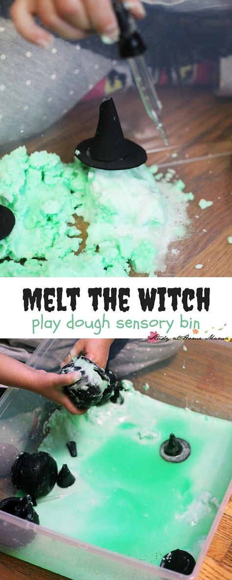 Melt the Witch Play Dough Sensory Bin - Wizard of Oz pretend play that takes 5 minutes to set up and the kids can play for over an hour! A fun twist on the traditional baking soda and vinegar experiment Wizard Of Oz Art Projects For Kids, Baking Soda Experiments, Traditional Baking, Kids Play Dough, Halloween Sensory, Room On The Broom, Experiments For Kids, Theme Harry Potter, Halloween Preschool